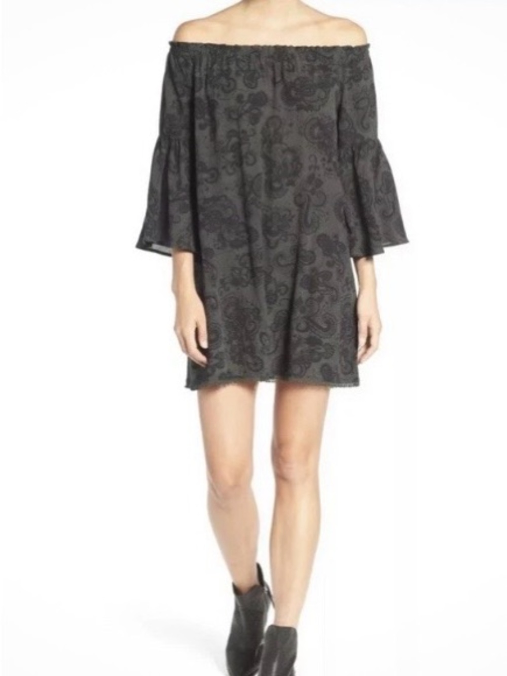 Hinge Boho Olive Green Paisley Off Shoulder Tunic Dress, No Size Tag I think M